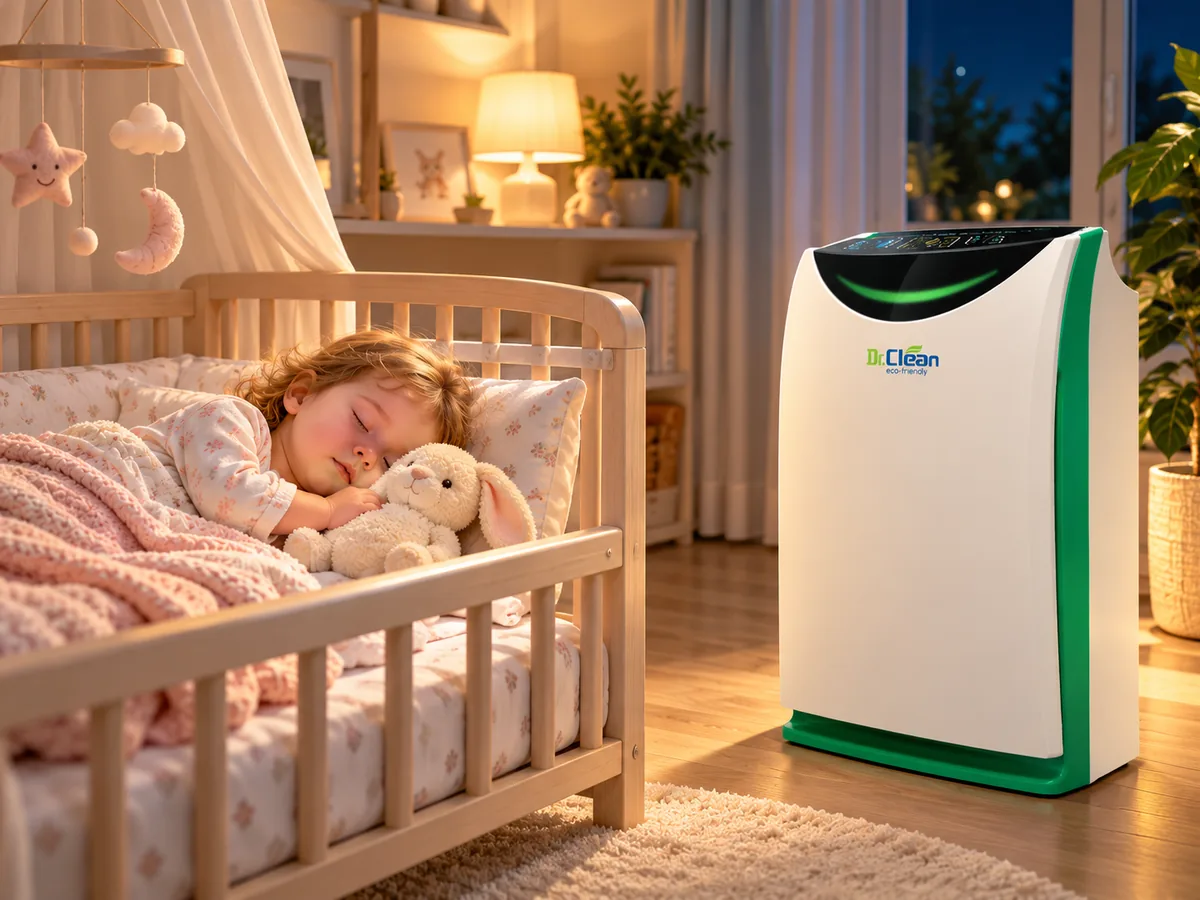 Child sleeping peacefully in a bedroom with a Dr.Clean DAP58 air purifier