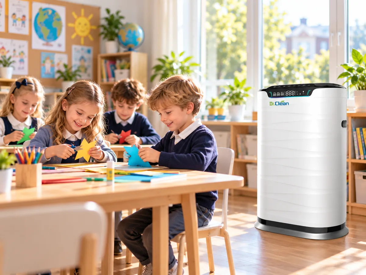 Children in a classroom with a Dr.Clean DAP98 air purifier