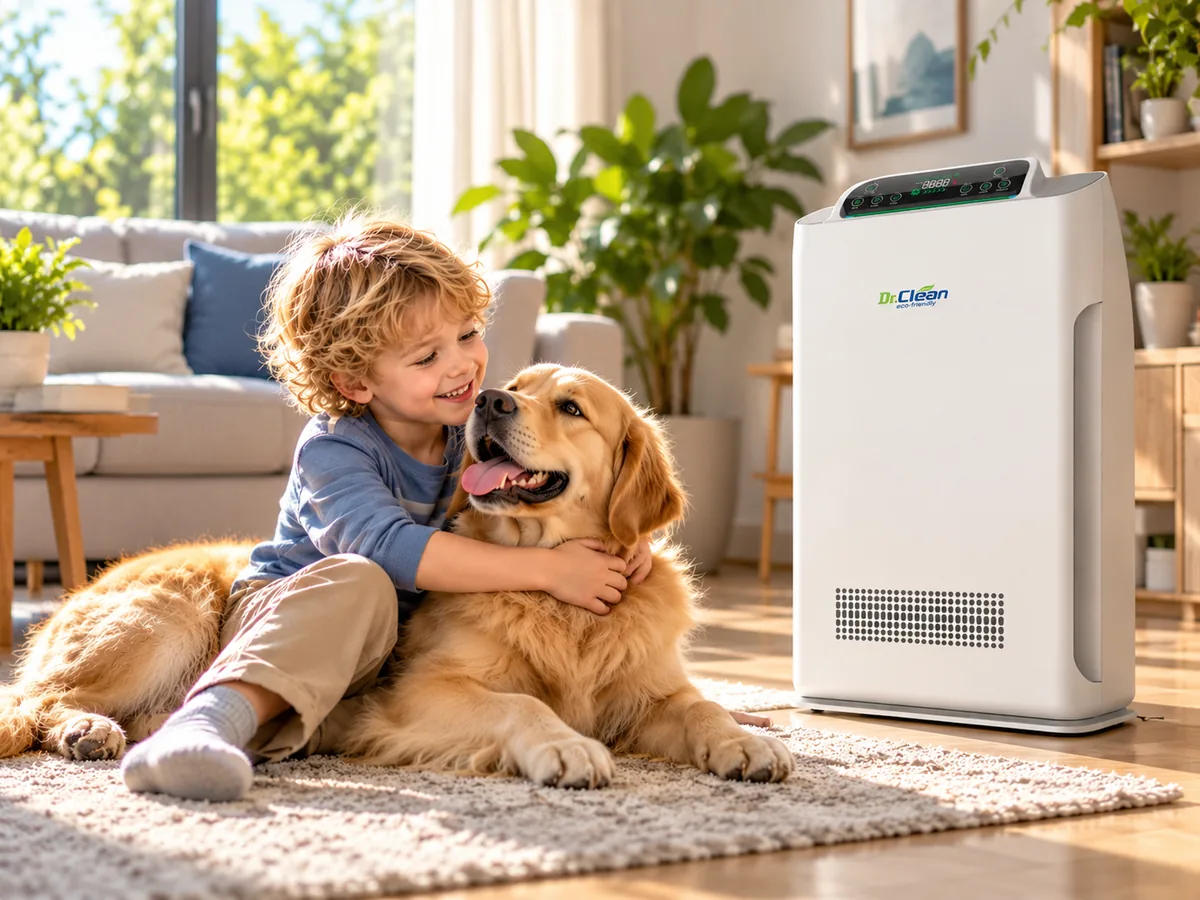 Boy hugging his dog next to a Dr.Clean DAP68 air purifier